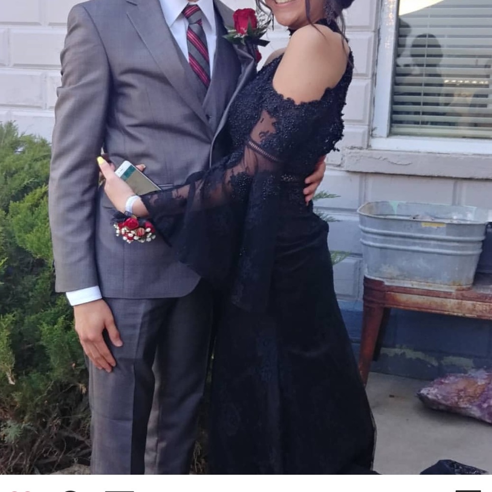 black cut shoulder prom dress